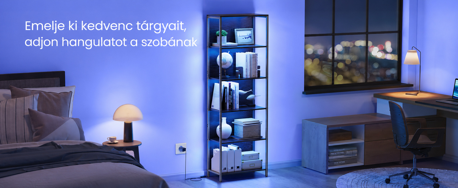 LED-világítású könyvespolc egy esti dolgozósarokban