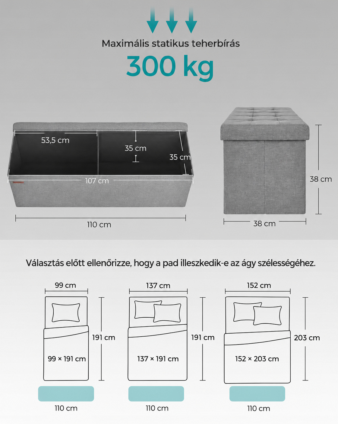 A világosszürke tárolópad külső és belső méretrajza