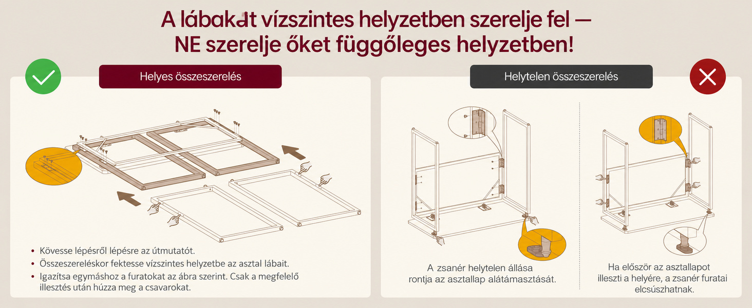 A lábak helyes vízszintes szerelési helyzetét bemutató ábra