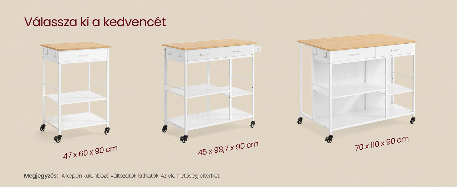 VASAGLE BARNET gurulós konyhasziget 2 fiókkal – termékjellemzők bemutatóképe
