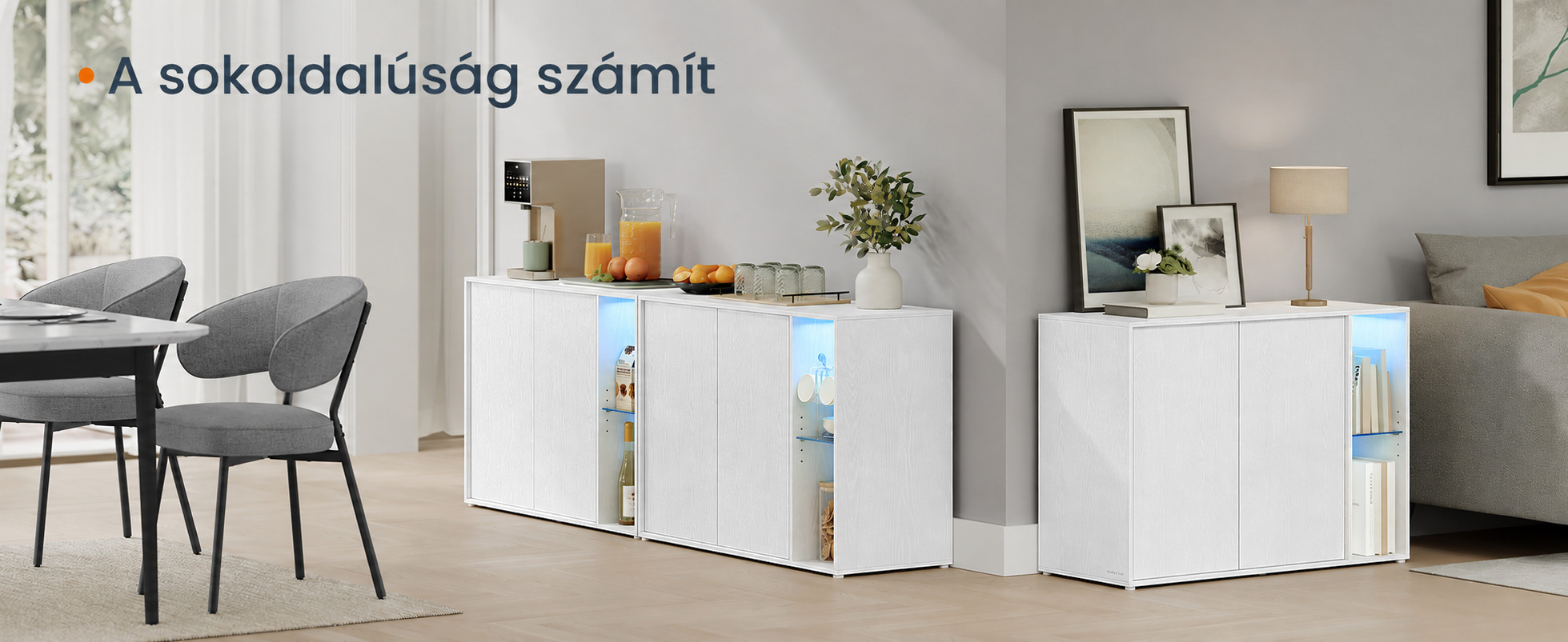SONGMICS HOME KADIN hófehér tárolószekrény modern nappali környezetben