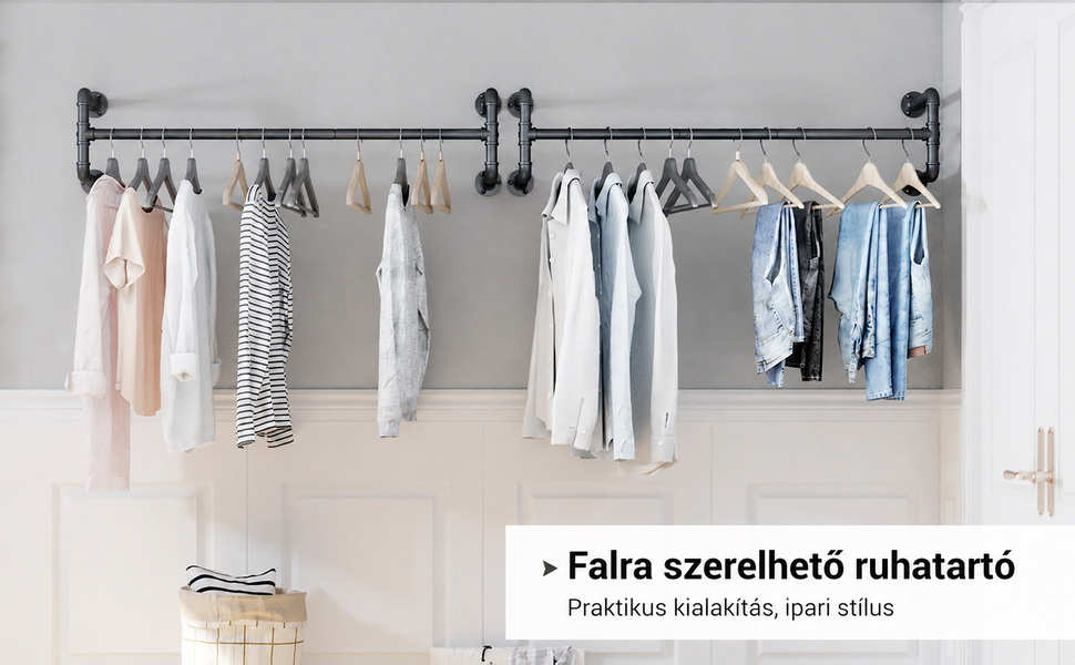 Falra szerelhető ruhatartó, fali ruhaakasztó 2 db-os készlet 110x30x29,3 cm, fekete | 
