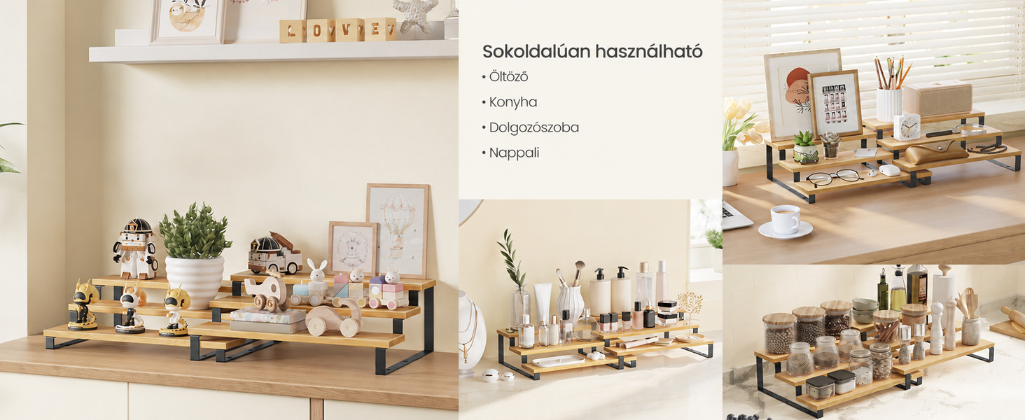 Bambusz fűszertartó polc, lépcsős fűszertartó, 2db polc rendszerező készlet