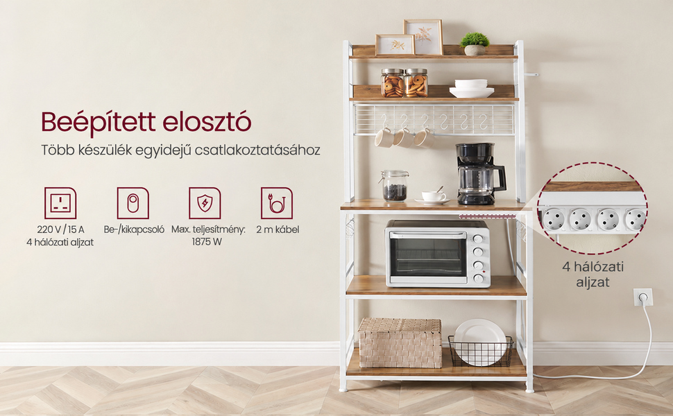 Beépített elosztó 4 földelt hálózati aljzattal és be-/kikapcsolóval a konyhai polcon