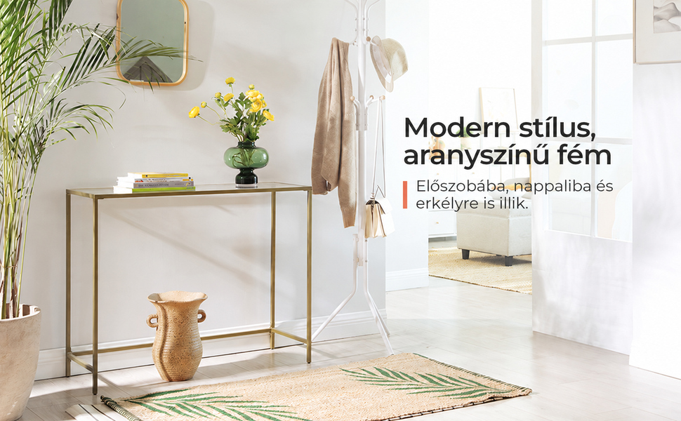 Üveg konzolasztal 100x80x35 cm, asztal állítható lábakkal, arany