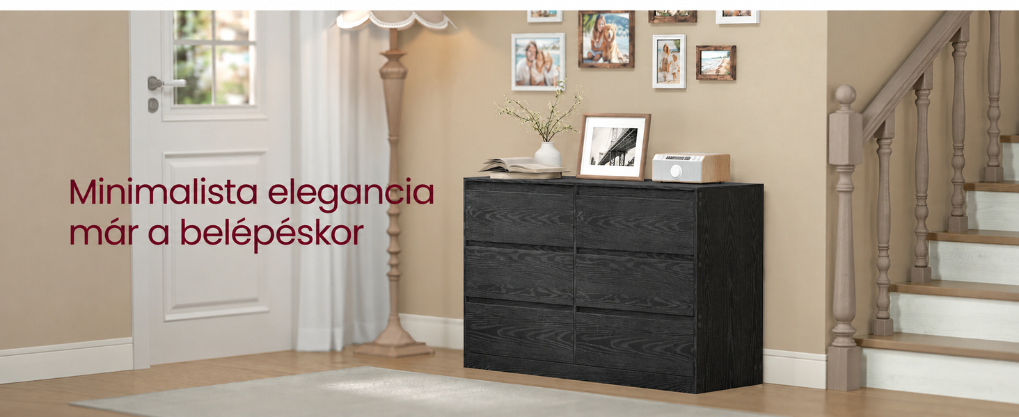 VASAGLE KAILYN modern fekete komód 6 fiókkal