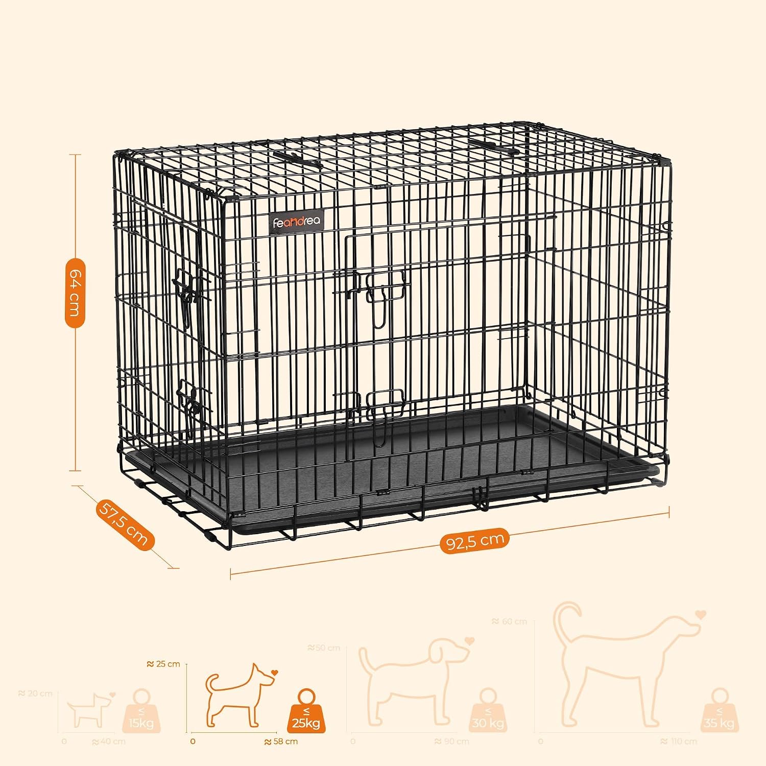 Kutya ketrec, 2 ajtós összecsukható hordozható kutya kennel 2,5 x 64 x 57,5 cm | FEANDRA