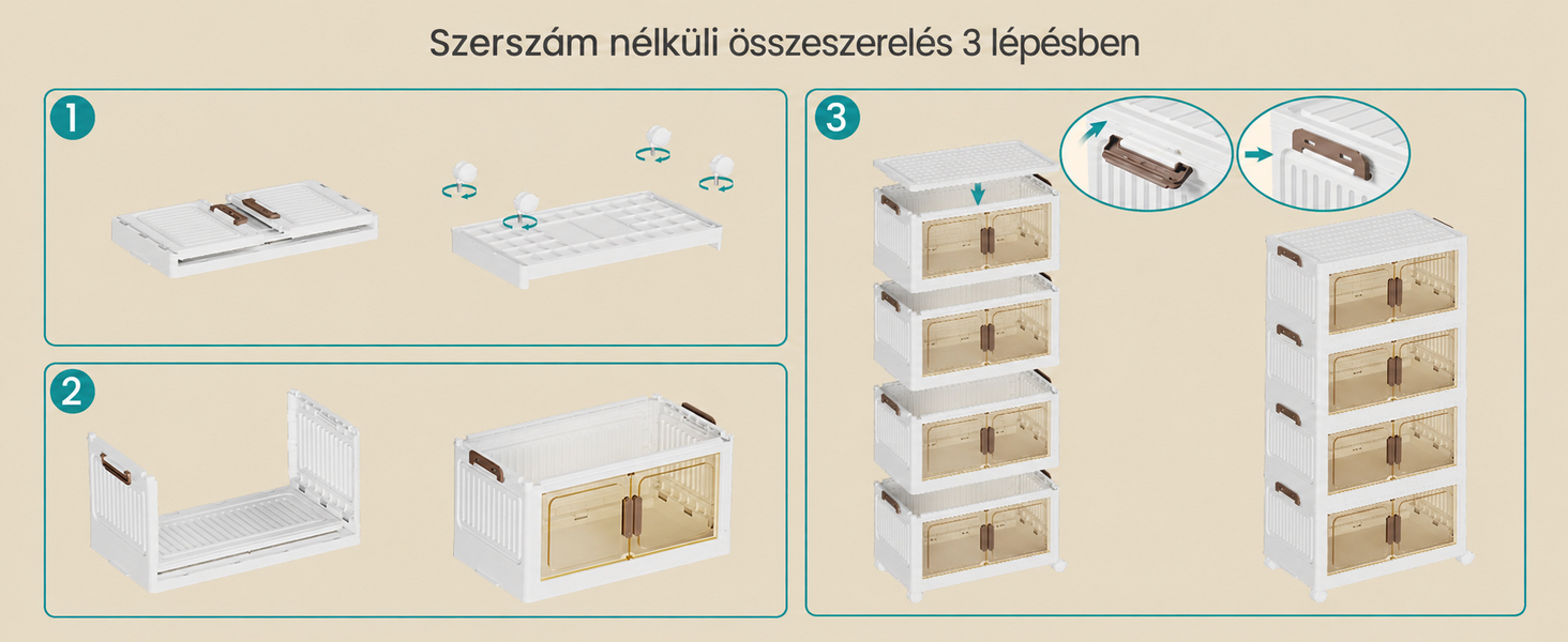 Összecsukható műanyag tárolódoboz szerszám nélküli összeszereléssel