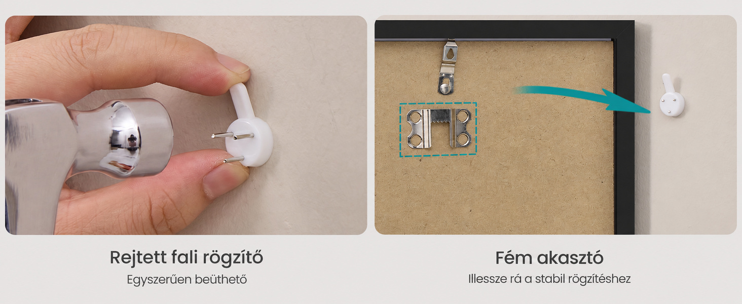 Text reads 'Invisible Wall Nail', 'Metal Hanger Hook'. Two product feature panels demonstrating nail installation in drywall and corresponding metal hook hanger attachment.