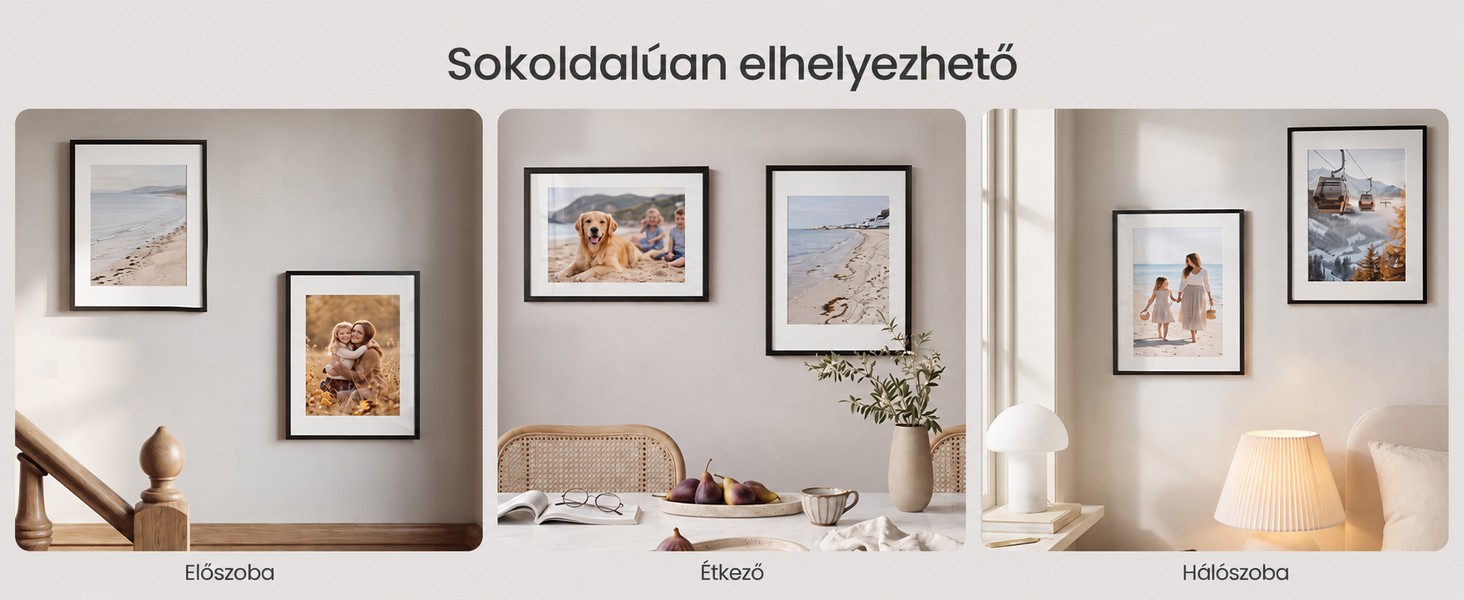 Text reads 'Versatile Use'. Gallery wall display with six framed artworks in various sizes arranged on beige wall above white furniture with lamp and decorative items. Shows multiple frames containing landscape and portrait-oriented prints.