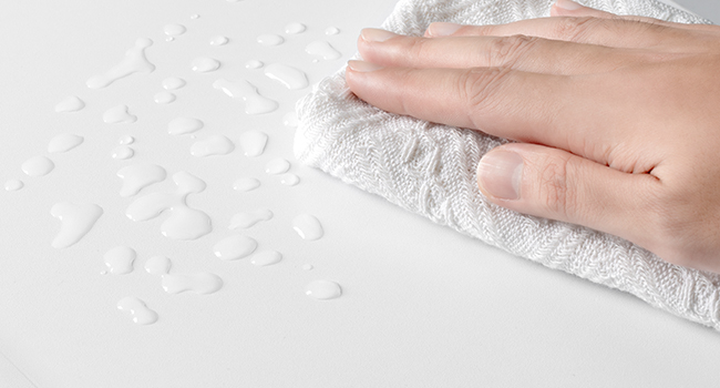 Drücken Sie mit der Hand auf eine weiße, strukturierte Oberfläche und zeigen Sie geprägte oder erhabene Musterdetails