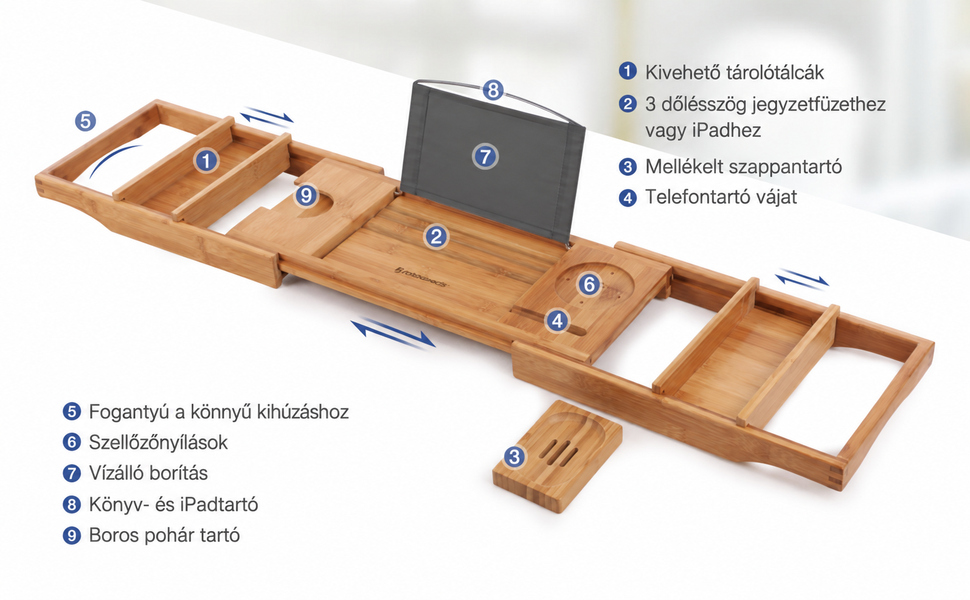 Bambusz fürdokádra helyezhető tálca 75-109 cm | 