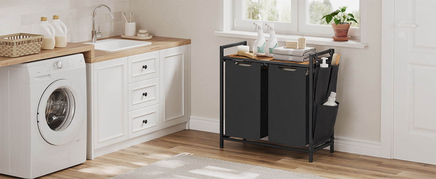 Laundry room with white washing machine on left and dark woven fabric storage basket on right with wooden shelving.