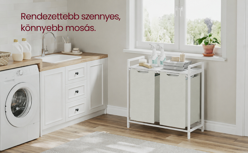 Szennyeskosár 2 rekesszel, fém kerettel, fehér és szürke színben |