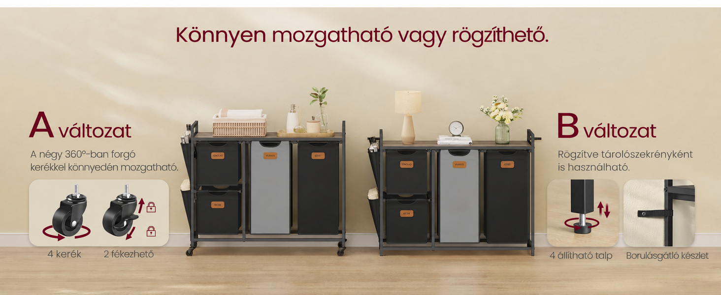 Két, A móddal és B móddal jelölt tárolóegység-konfiguráció összehasonlítása, amelyek különböző zárolási és mobilitási lehetőségeket mutatnak.