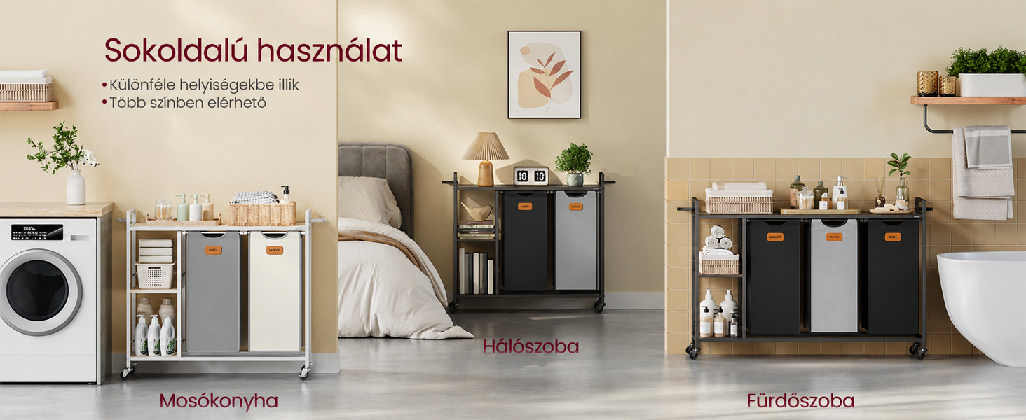 Belsőépítészeti elrendezés, amely három összekapcsolódó teret mutat: mosókonyha, hálószoba és fürdőszoba hozzáillő tárolóbútorokkal és rendszerező rendszerekkel