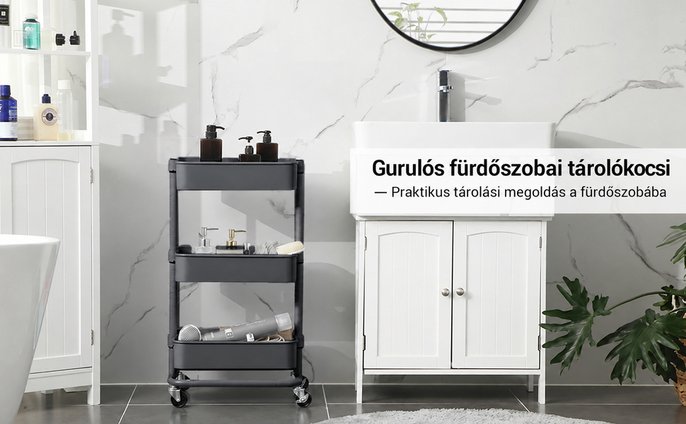  3 szintes tárolókocsi, guruló kocsi, szürke