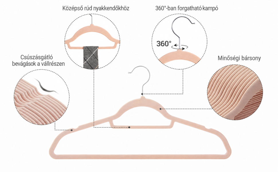 Bársony akasztók, 50 db-os csomag, Csúszásmentes Bársony Vállfa, világos rózsaszín