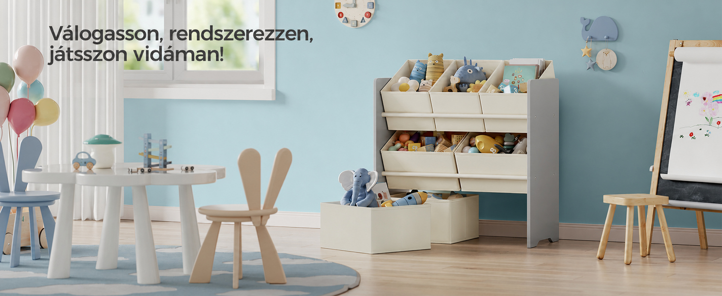 Gyerekszoba polc, játéktároló 7 textil tárolódobozzal 29,5 x 62,5 x 60 cm, galamb szürke
