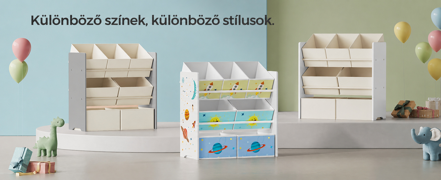 Gyerekszoba polc, játéktároló 7 textil tárolódobozzal 29,5 x 62,5 x 60 cm, galamb szürke