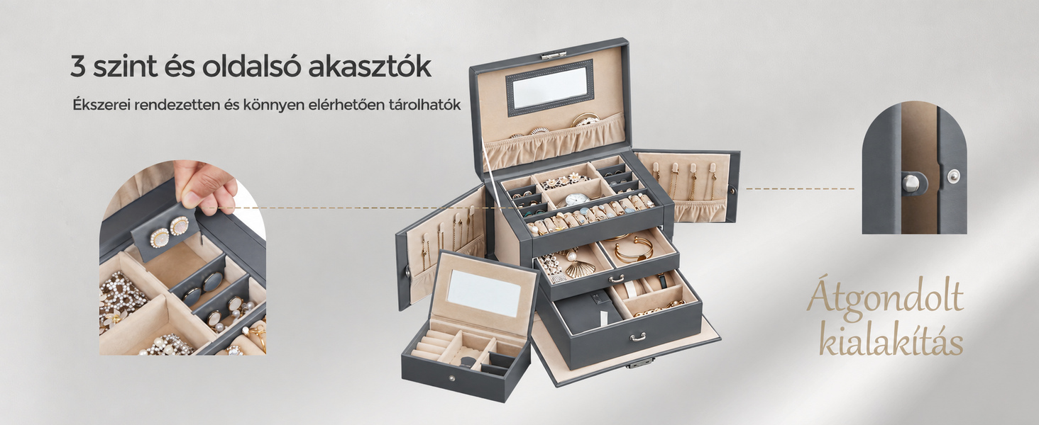 Ékszerdoboz, ékszertartó 2 fiókkal, szürke