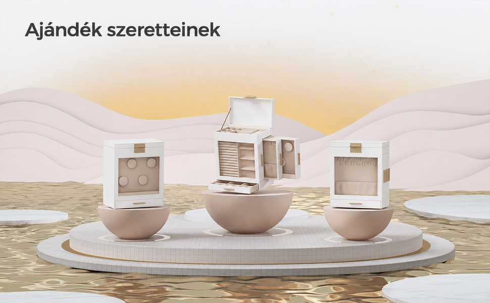 Ékszerdoboz, 5 rétegű ékszerdoboz, üvegtetős ékszerdoboz, fehér