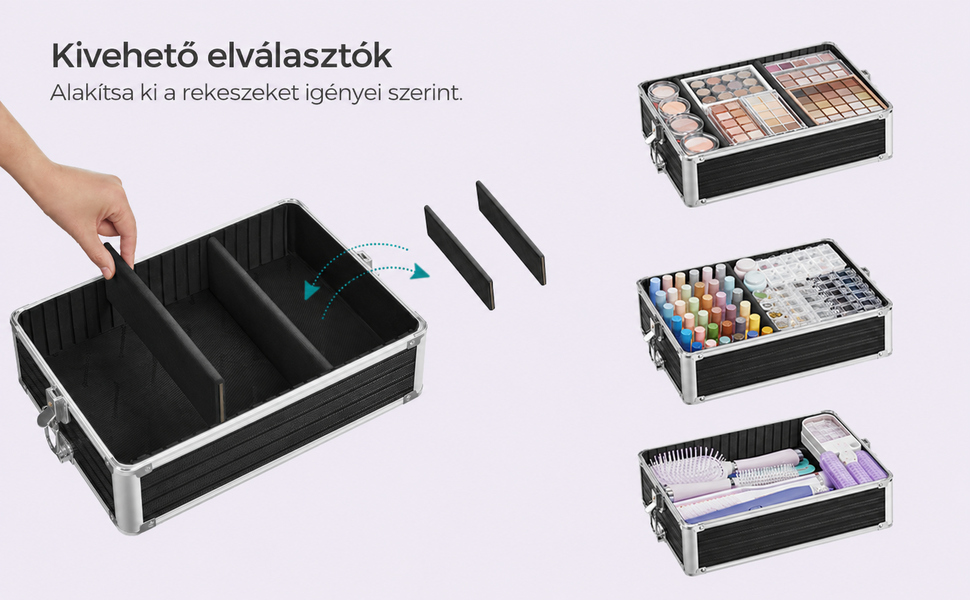 Professzionális sminktároló, kozmetikai bőrönd, 4 forgó kerékkel, fekete | 