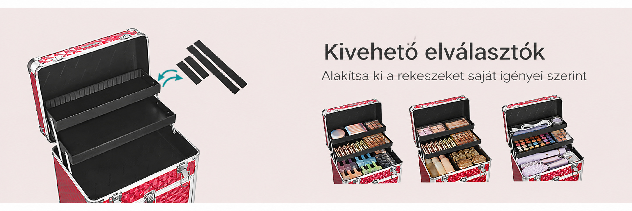 Smink bőrönd, kozmetikai tároló kerekekkel, piros | 