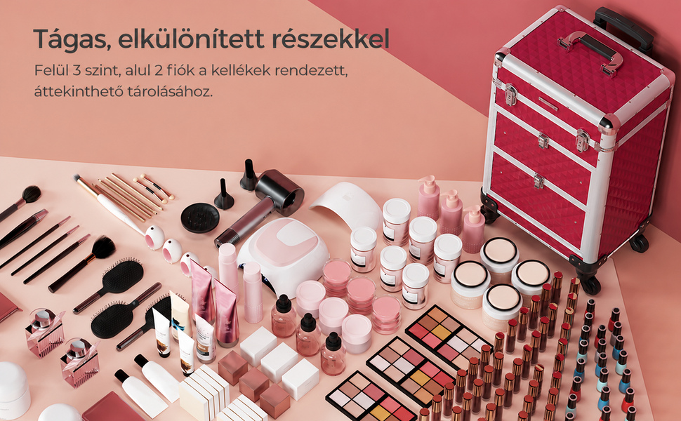 Smink bőrönd, kozmetikai tároló kerekekkel, piros | 
