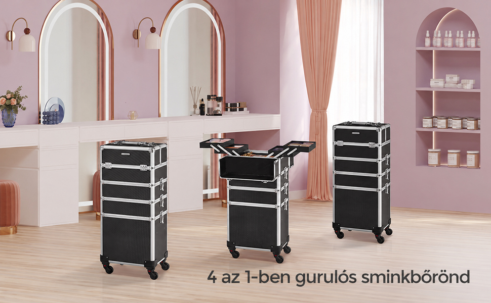 Smink bőrönd, 4 az 1-ben gurulós kozmetikai bőrönd, fekete