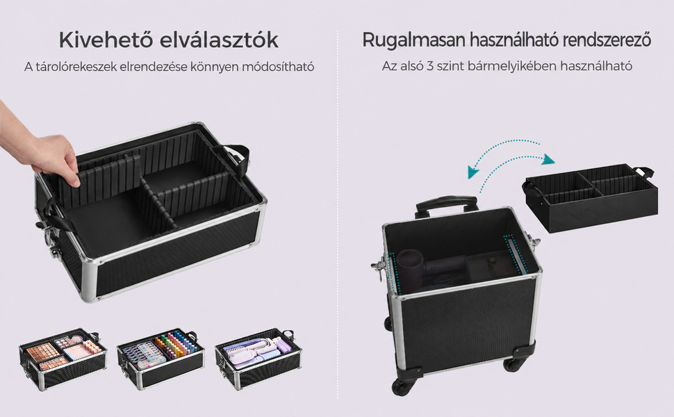 Smink bőrönd, 4 az 1-ben gurulós kozmetikai bőrönd, fekete