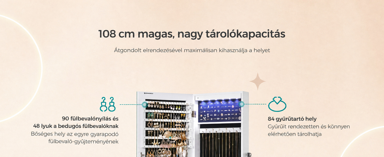  LED ékszertartó falra vagy ajtóra szerelhető 37 x 108 x 9,3 cm