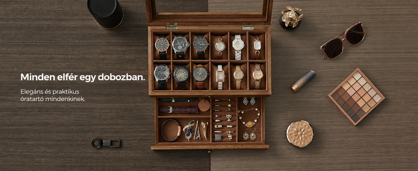 a wooden box with a variety of watches and jewelry.