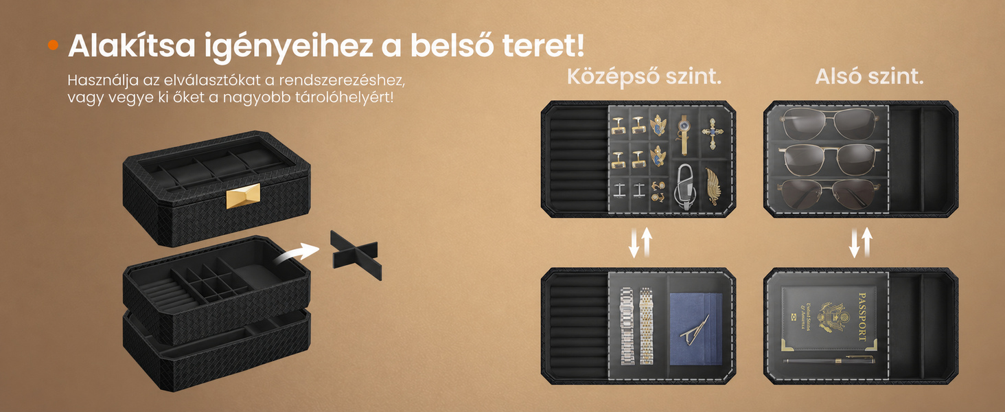 Testreszabható tárolórendszer-diagram, amely több réteget és rekeszt mutat sötét belső rendezési lehetőségekkel.