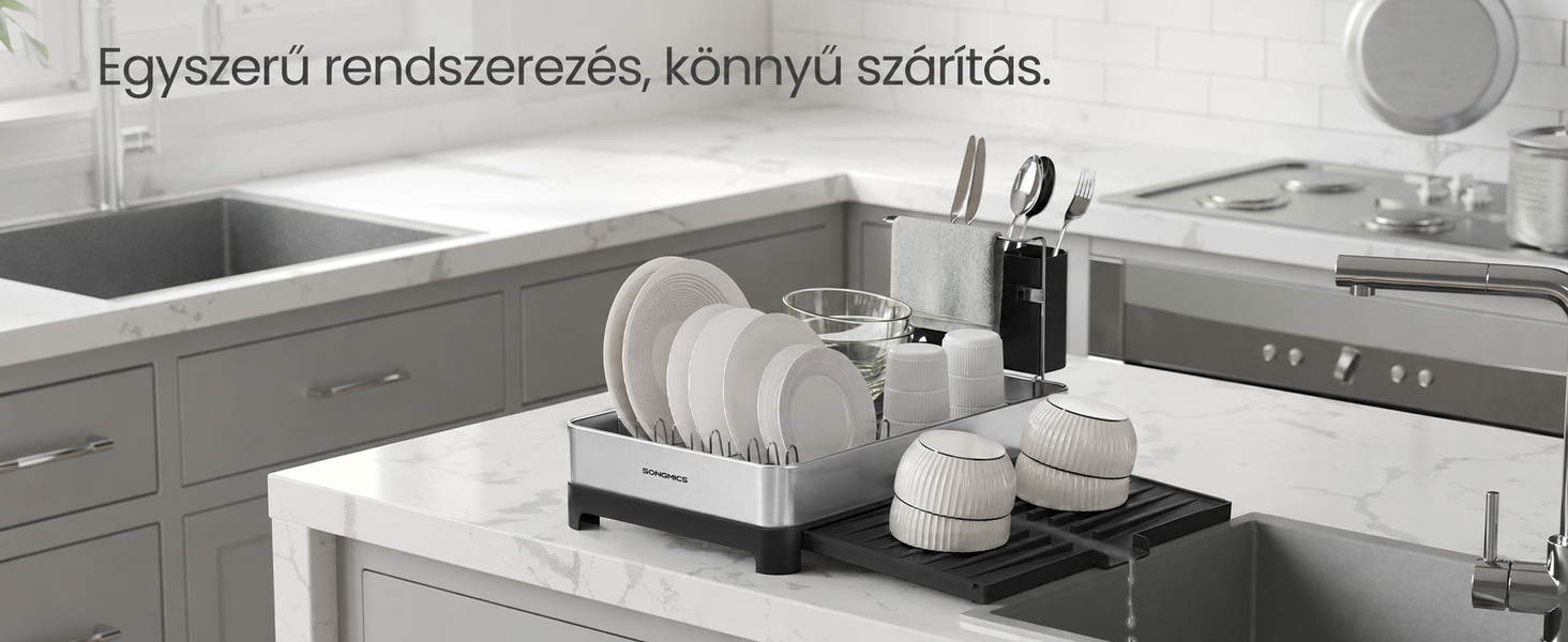 Edényszárító evőeszköztartóval, ezüst-fekete színben