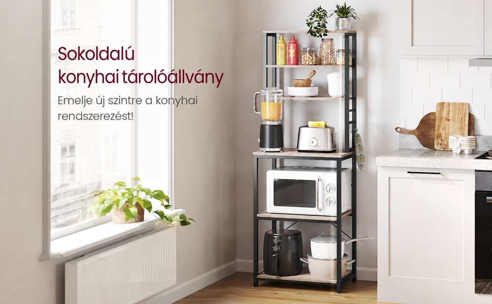 Több polccal ellátott, többfunkciós péksütemény-tartó állvány, amelyen konyhai gépek és tárolóhelyek láthatók. A szöveg azt sugallja, hogy új szintre emeli a konyhai tárolást.