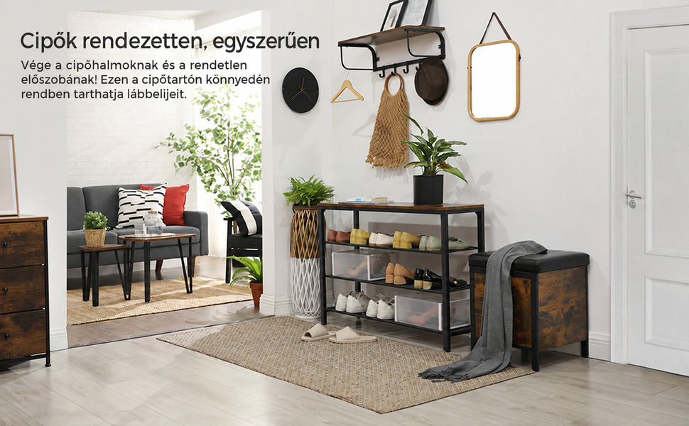 Cipőtartó, cipőpad 3 Hálós polccal 100 x 30 x 72 cm, Rusztikus barna | 