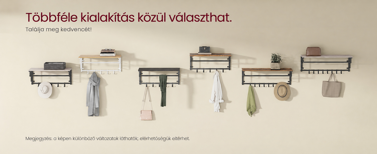 Különféle stílusú fali fogasok polcokkal és kampókkal.