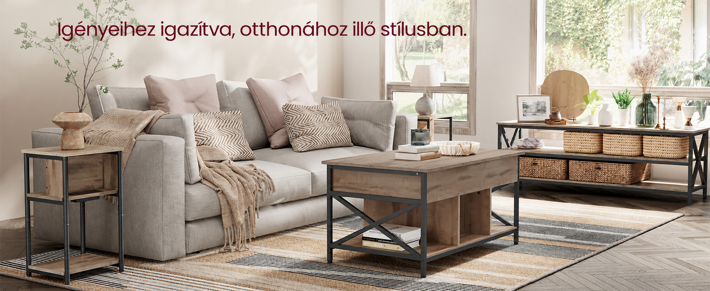 Emelhető dohányzóasztal rejtett tárolóval, tevebarna asztallappal és fekete acélvázzal