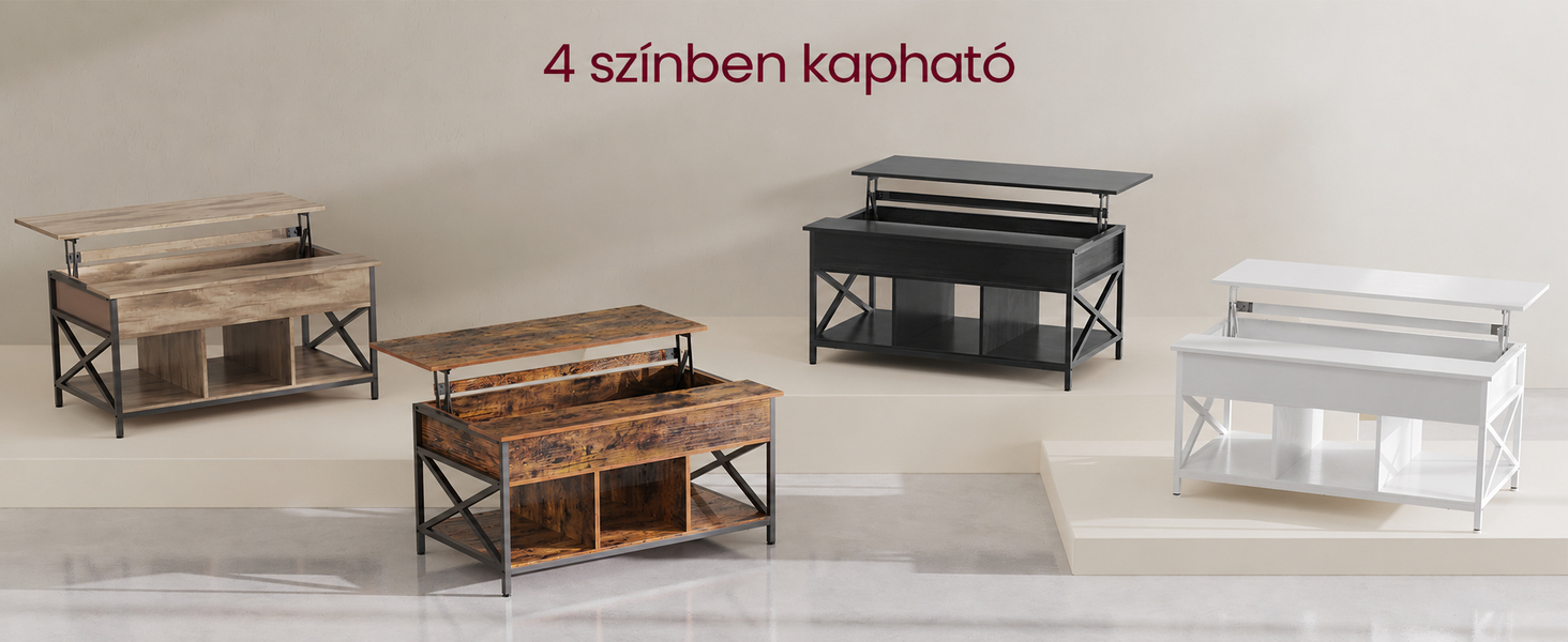 100 cm széles ipari stílusú dohányzóasztal emelhető asztallappal és nyitott tárolórekeszekkel
