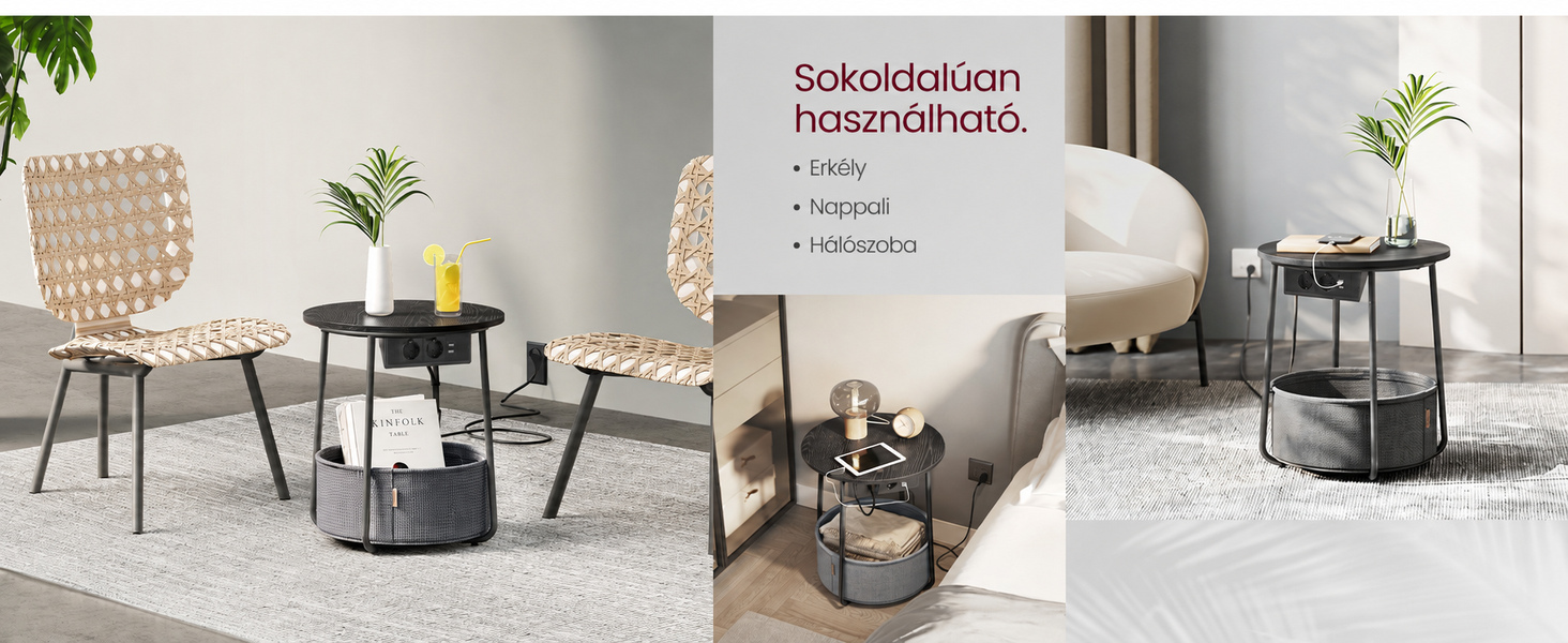 Kerek dohányzóasztal , kis asztal aljzattal, ébenfekete-palaszürke