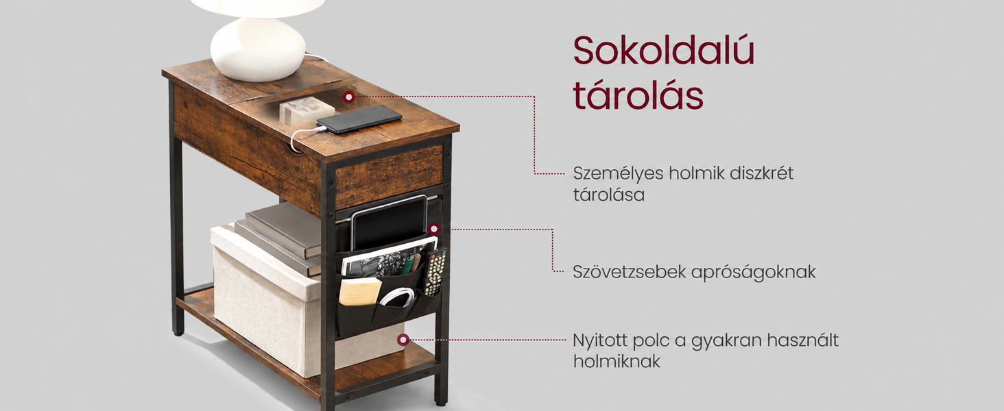 Éjjeliszekrény aljzatokkal Összecsukható asztallap, polccal és szövettáskával,60 x 60 x 31,5 |