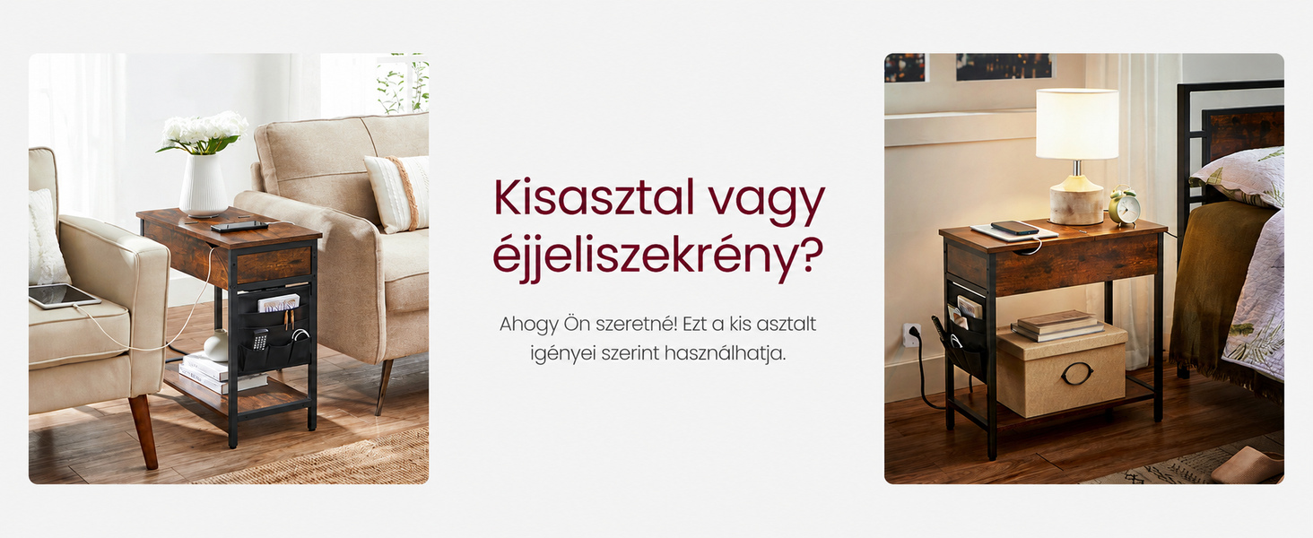 Éjjeliszekrény aljzatokkal Összecsukható asztallap, polccal és szövettáskával,60 x 60 x 31,5 |