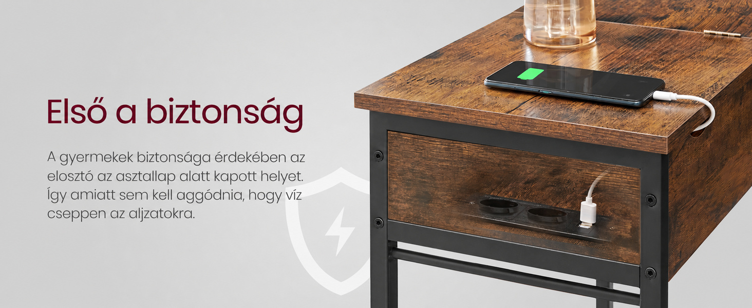 Éjjeliszekrény aljzatokkal Összecsukható asztallap, polccal és szövettáskával,60 x 60 x 31,5 |