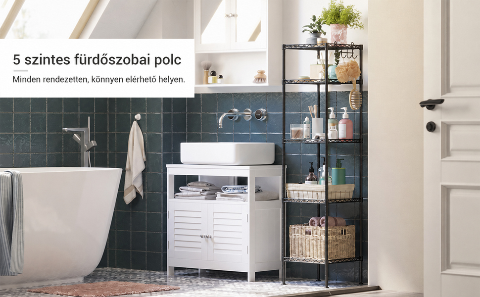 Fürdőszobai polc 30x30x123,5 cm, bővíthető fém tároló állvány, fekete