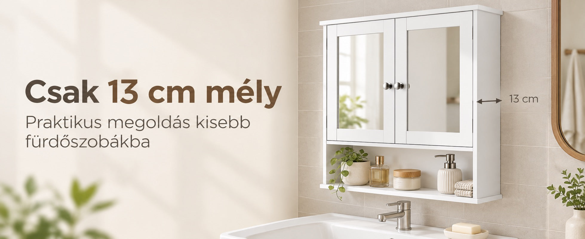 Tükrös fürdőszobai faliszekrény állítható belső polccal