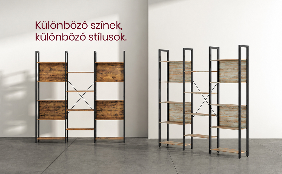 Könyvespolc, 14 polcos könyvespolc, 158 x 166 x 24 cm, türkizbarna és tintafekete