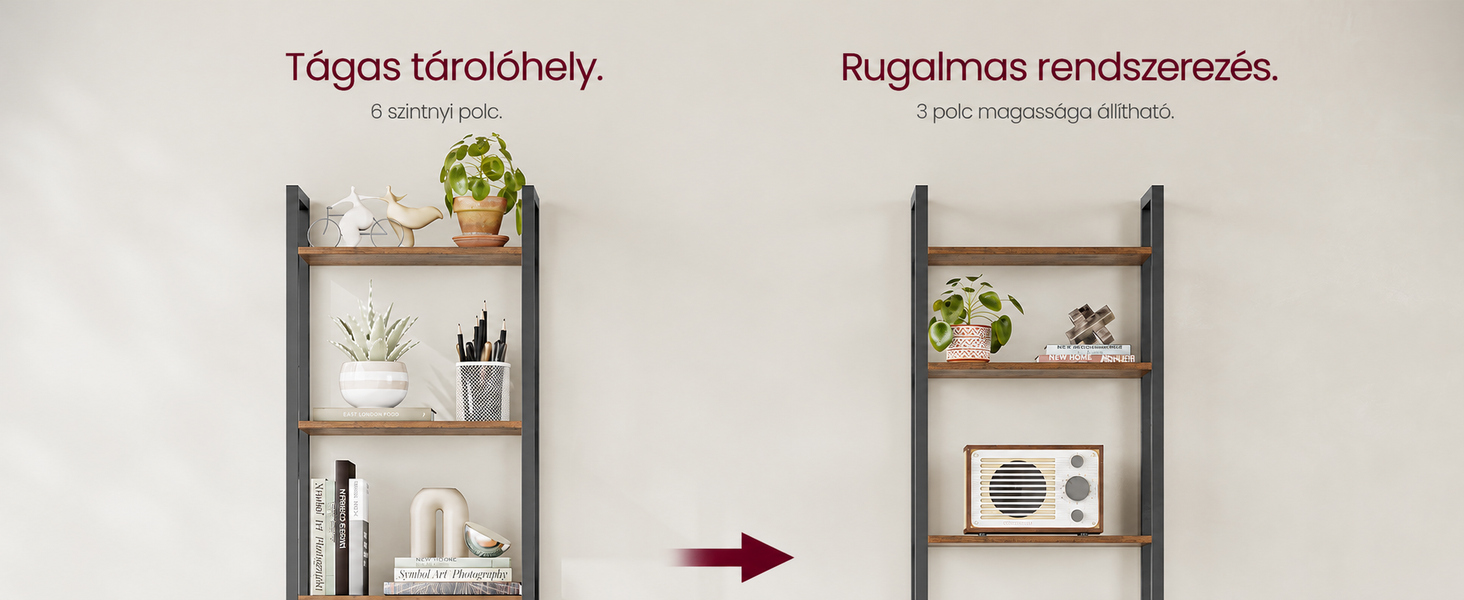 Before and after comparison of a wall-mounted ladder shelf showing flexible organization options for home decor and storage.