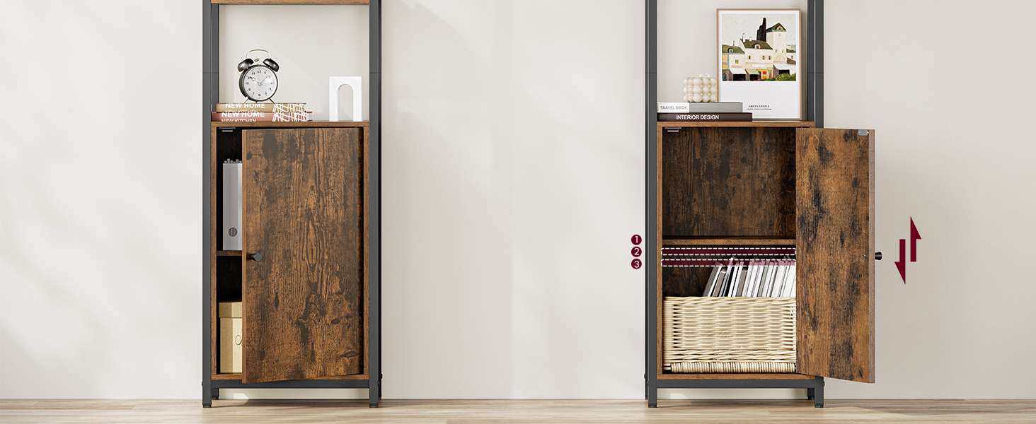 Rustic-style wooden cabinet with sliding door mechanism, shown in closed and open positions revealing interior storage compartments.