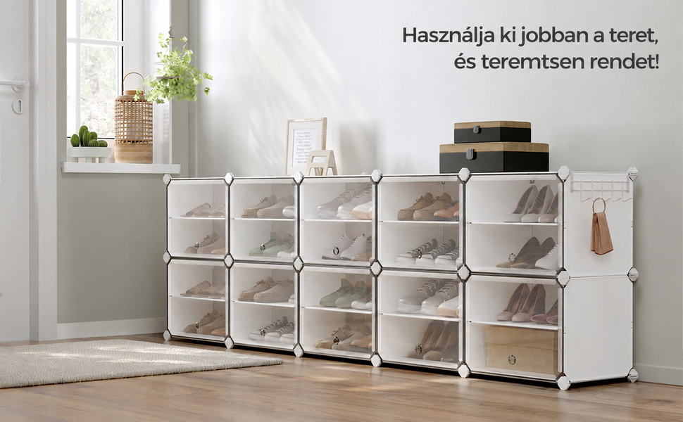10 rekeszes moduláris cipőtároló, fehér